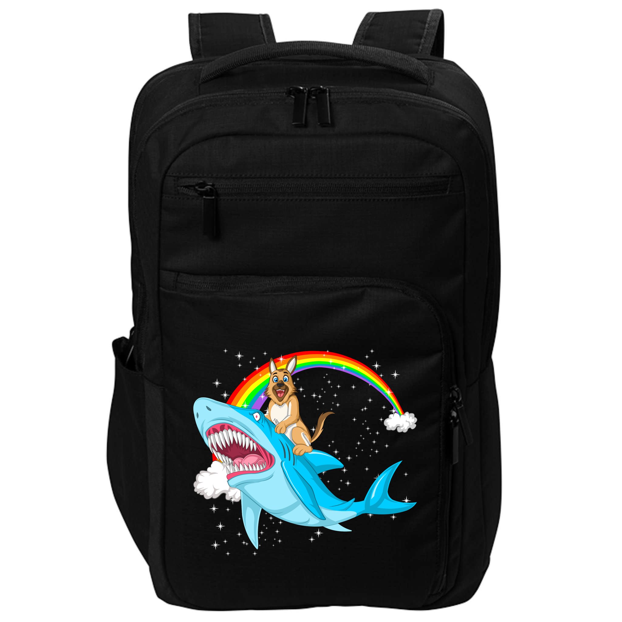 German Shepherd Riding Shark Impact Tech Backpack