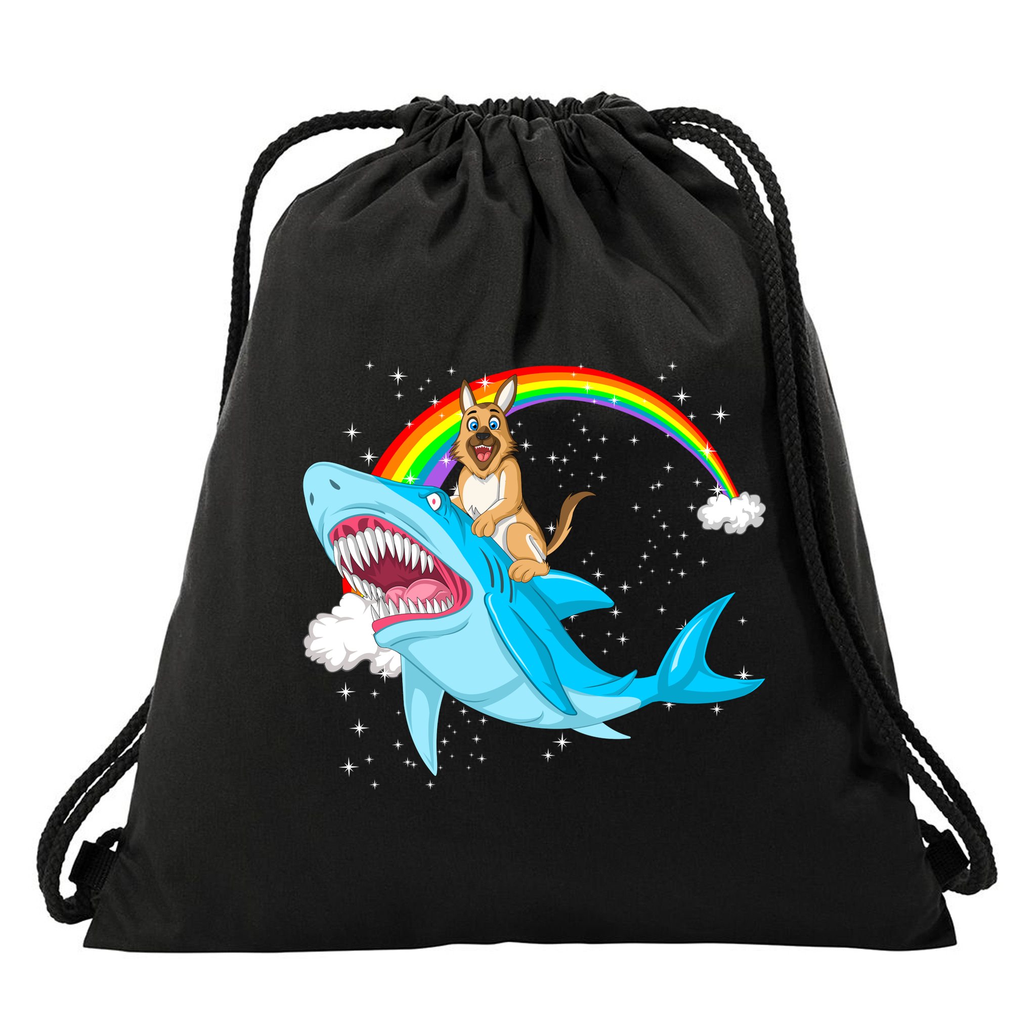 German Shepherd Riding Shark Drawstring Bag