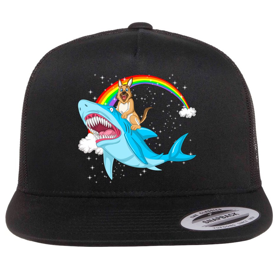 German Shepherd Riding Shark Flat Bill Trucker Hat
