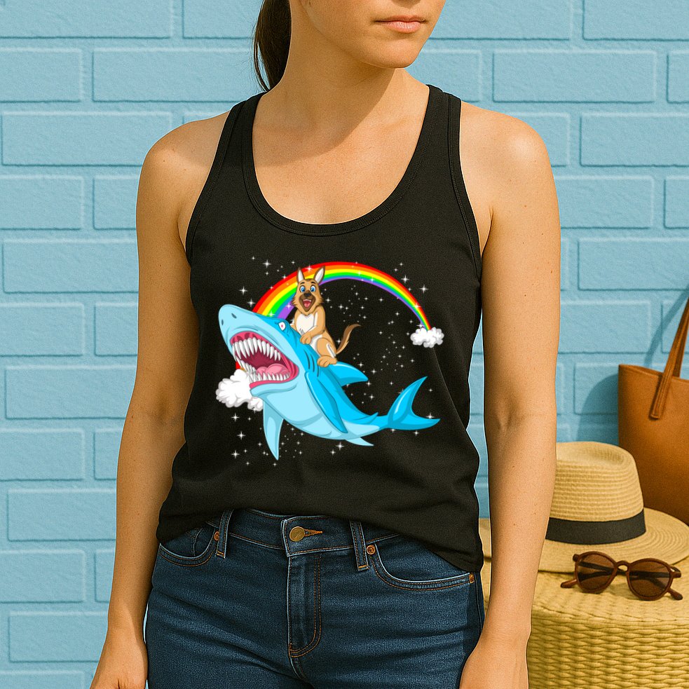 German Shepherd Riding Shark Womens Tank Top