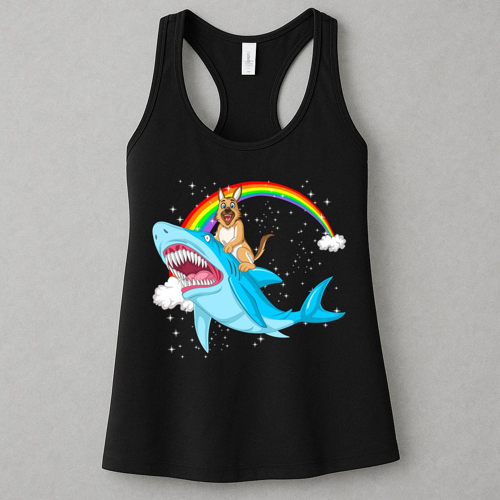 German Shepherd Riding Shark Womens Tank Top