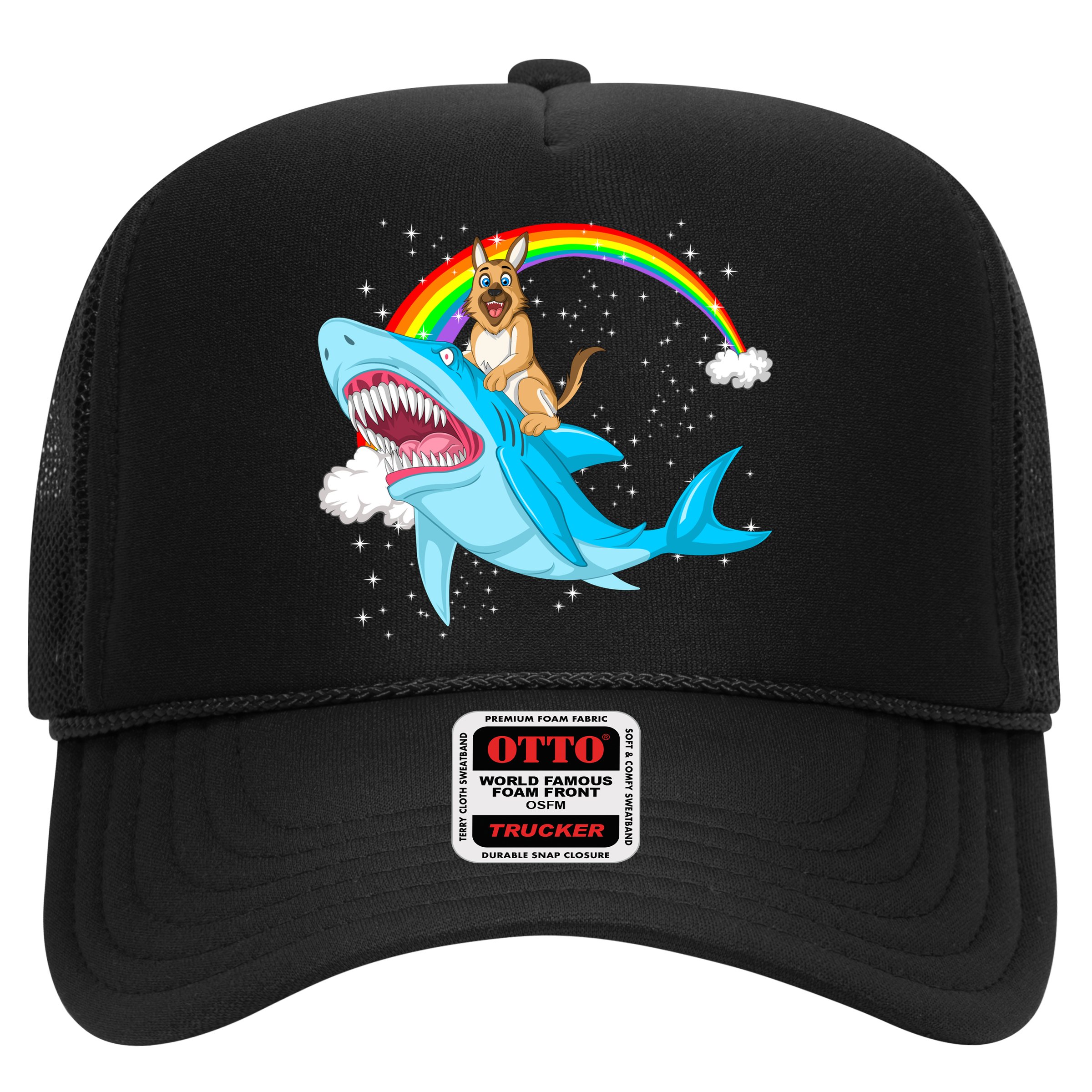 German Shepherd Riding Shark Hat