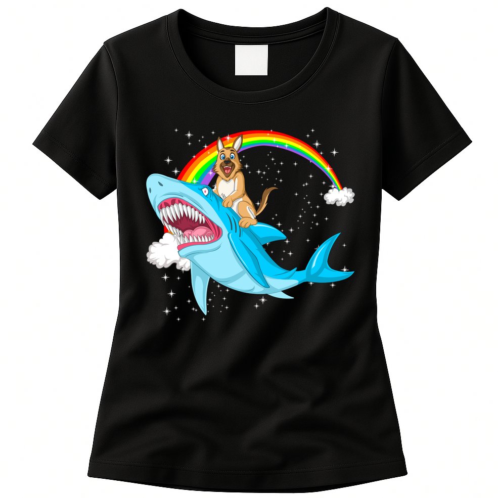 German Shepherd Riding Shark Womens T-Shirt