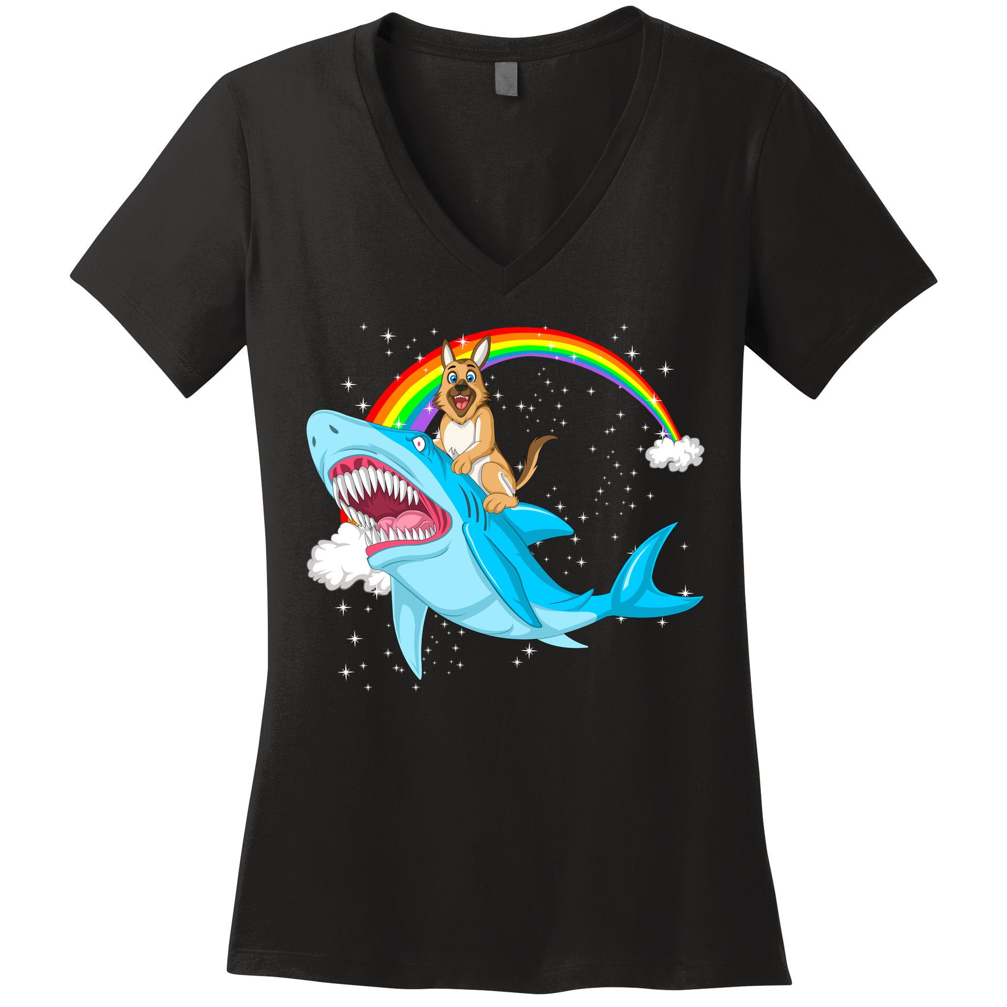 German Shepherd Riding Shark Women's V-Neck T-Shirt