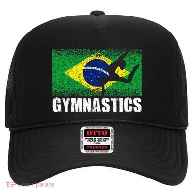 Gymnastics Sport Retro Brazil Flag Brazilian Gymnast High Crown Mesh Back Trucker Hat