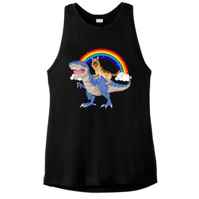 German Shepherd Riding Dinosaur Ladies PosiCharge Tri-Blend Wicking Tank