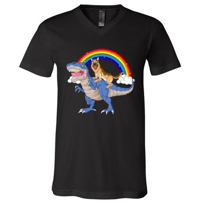 German Shepherd Riding Dinosaur V-Neck T-Shirt