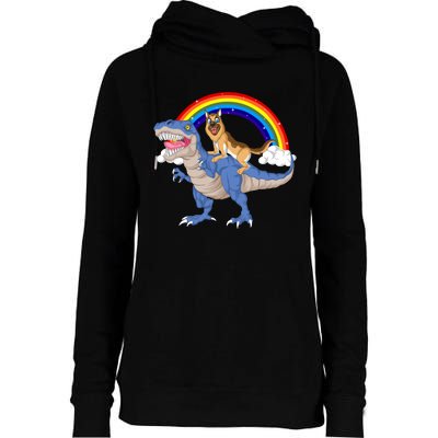 German Shepherd Riding Dinosaur Womens Funnel Neck Pullover Hood