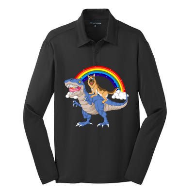 German Shepherd Riding Dinosaur Silk Touch Performance Long Sleeve Polo