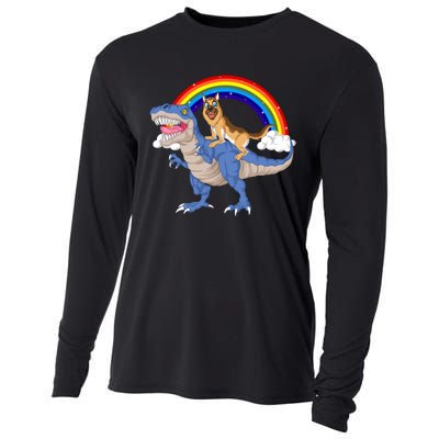 German Shepherd Riding Dinosaur Cooling Performance Long Sleeve Crew