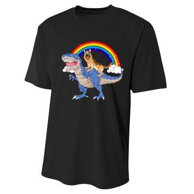 German Shepherd Riding Dinosaur Performance Sprint T-Shirt