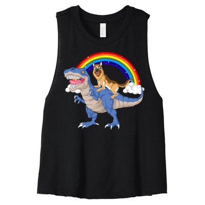 German Shepherd Riding Dinosaur Women's Racerback Cropped Tank