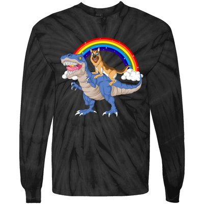 German Shepherd Riding Dinosaur Tie-Dye Long Sleeve Shirt