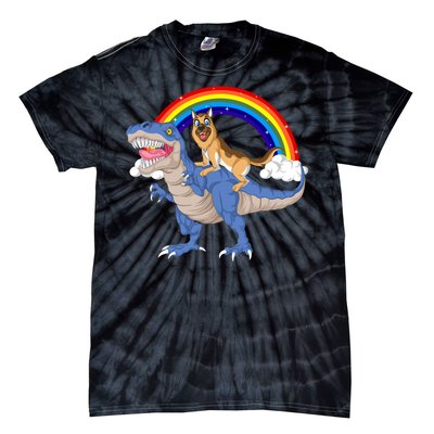 German Shepherd Riding Dinosaur Tie-Dye T-Shirt