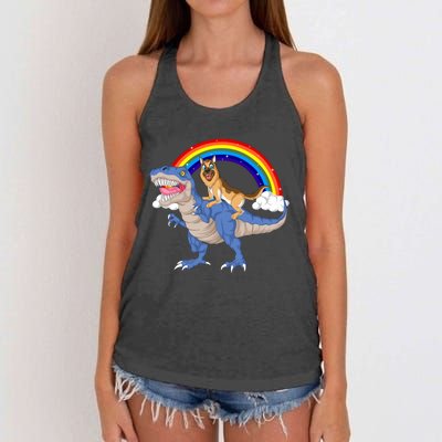 German Shepherd Riding Dinosaur Women's Knotted Racerback Tank