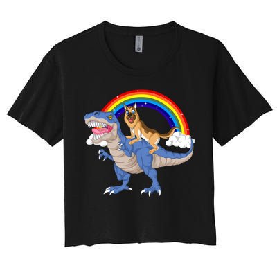 German Shepherd Riding Dinosaur Women's Crop Top Tee