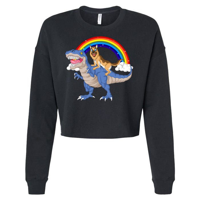 German Shepherd Riding Dinosaur Cropped Pullover Crew