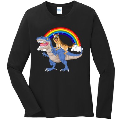 German Shepherd Riding Dinosaur Ladies Long Sleeve Shirt