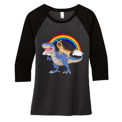 German Shepherd Riding Dinosaur Women's Tri-Blend 3/4-Sleeve Raglan Shirt