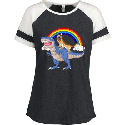 German Shepherd Riding Dinosaur Enza Ladies Jersey Colorblock Tee