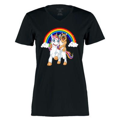 German Shepherd Riding Unicorn Women's Momentum V-Neck T-Shirt