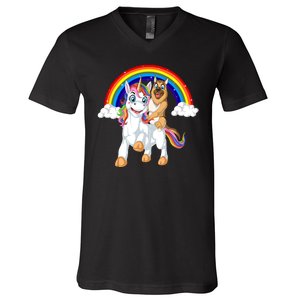 German Shepherd Riding Unicorn V-Neck T-Shirt