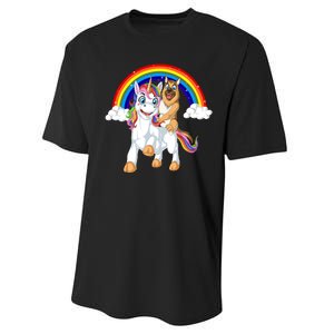 German Shepherd Riding Unicorn Performance Sprint T-Shirt