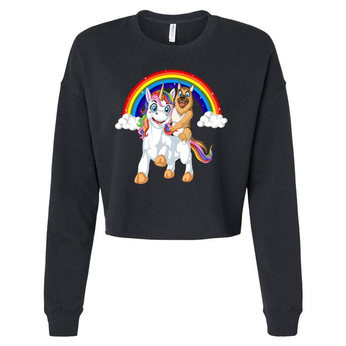 German Shepherd Riding Unicorn Cropped Pullover Crew