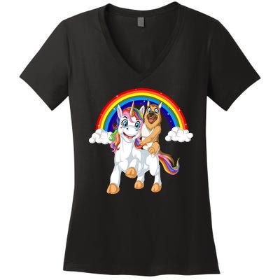 German Shepherd Riding Unicorn Women's V-Neck T-Shirt