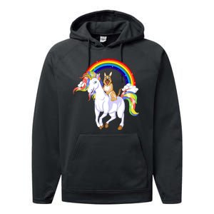 German Shepherd Riding Unicorn Performance Fleece Hoodie