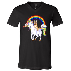 German Shepherd Riding Unicorn V-Neck T-Shirt