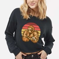 Grumpy Sloth Retro Sunset Cropped Pullover Crew