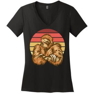 Grumpy Sloth Retro Sunset Women's V-Neck T-Shirt