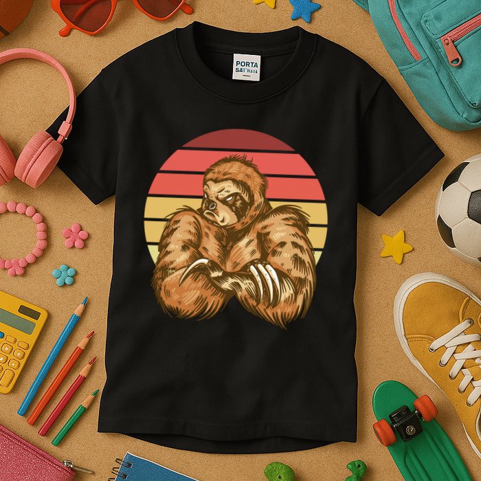 Grumpy Sloth Retro Sunset Kids T-Shirt
