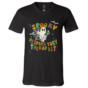 Groovy Spooky Respiratory Therapist Ghost Retro Halloween V-Neck T-Shirt