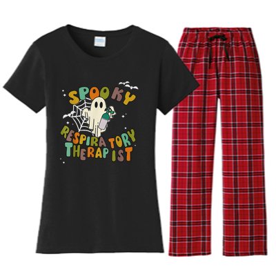 Groovy Spooky Respiratory Therapist Ghost Retro Halloween Women's Flannel Pajama Set