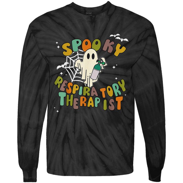 Groovy Spooky Respiratory Therapist Ghost Retro Halloween Tie-Dye Long Sleeve Shirt