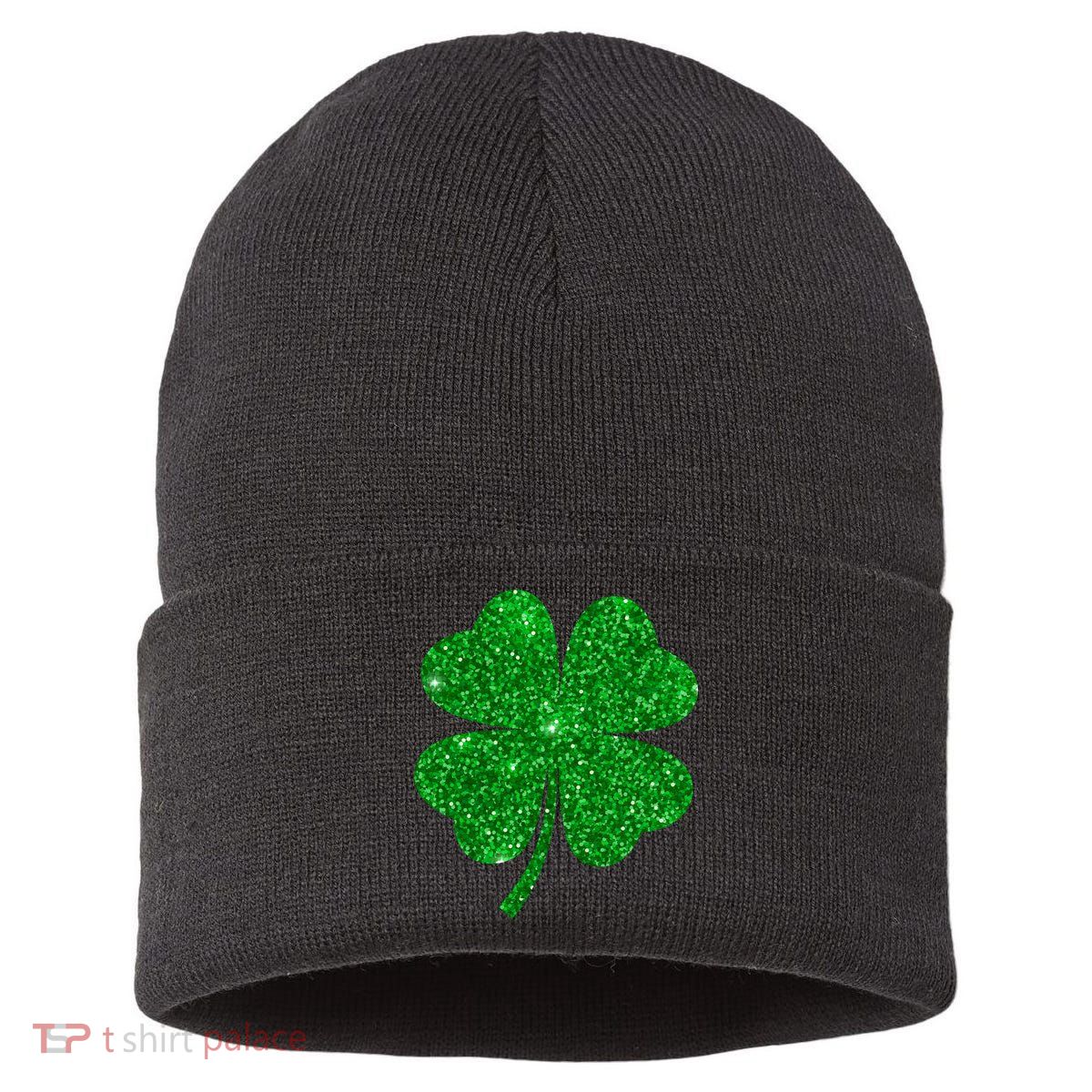 Glitter Shamrock St Patrick's Day Sustainable Knit Beanie