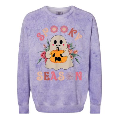 Groovy Spooky Season Cute Ghost Holding Pumpkin Halloween Colorblast Crewneck Sweatshirt