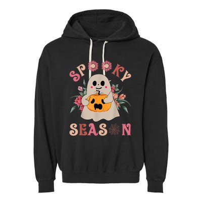 Groovy Spooky Season Cute Ghost Holding Pumpkin Halloween Garment-Dyed Fleece Hoodie