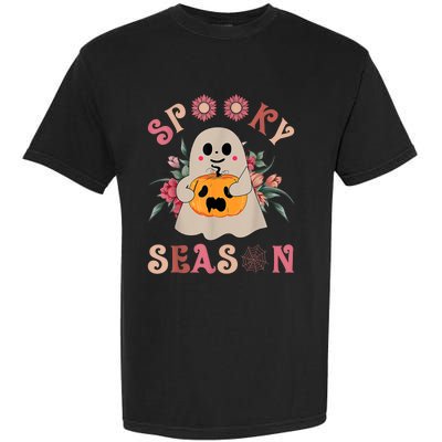 Groovy Spooky Season Cute Ghost Holding Pumpkin Halloween Garment-Dyed Heavyweight T-Shirt