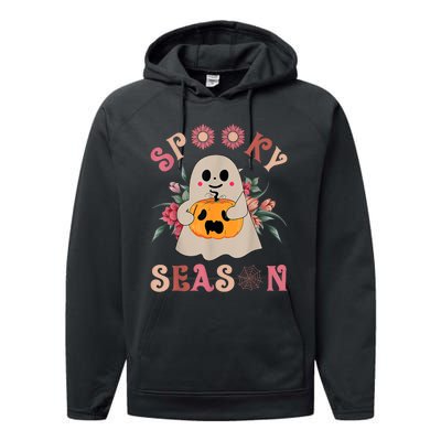 Groovy Spooky Season Cute Ghost Holding Pumpkin Halloween Performance Fleece Hoodie