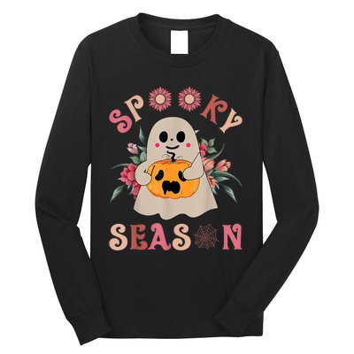 Groovy Spooky Season Cute Ghost Holding Pumpkin Halloween Long Sleeve Shirt