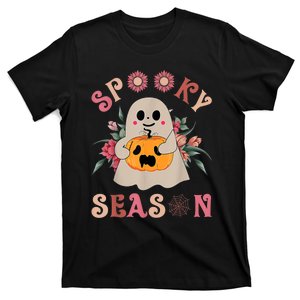 Groovy Spooky Season Cute Ghost Holding Pumpkin Halloween T-Shirt