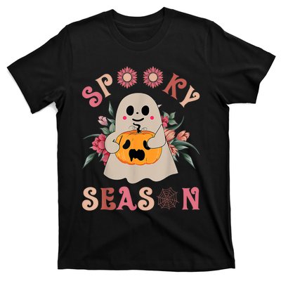 Groovy Spooky Season Cute Ghost Holding Pumpkin Halloween T-Shirt