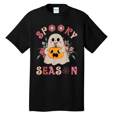 Groovy Spooky Season Cute Ghost Holding Pumpkin Halloween Tall T-Shirt