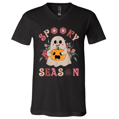 Groovy Spooky Season Cute Ghost Holding Pumpkin Halloween V-Neck T-Shirt