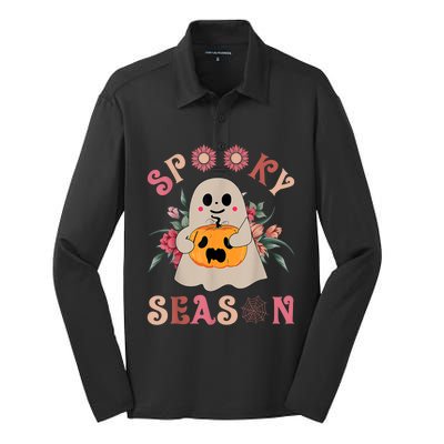 Groovy Spooky Season Cute Ghost Holding Pumpkin Halloween Silk Touch Performance Long Sleeve Polo