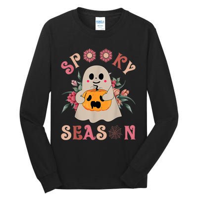 Groovy Spooky Season Cute Ghost Holding Pumpkin Halloween Tall Long Sleeve T-Shirt