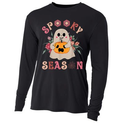 Groovy Spooky Season Cute Ghost Holding Pumpkin Halloween Cooling Performance Long Sleeve Crew